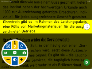 Das Bild zeigt das vergrößerte PK8 Kamera-Livebild der steller MyVision App im Lesebereich - Es stellt den Falschfarb-Modus schwarz/gelb mit einstellbarer Fokusbar dar.