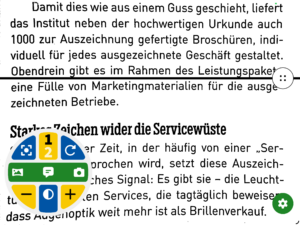Das Bild zeigt das vergrößerte PK8 Kamera-Livebild der steller MyVision App im Lesebereich - Es stellt den hochkontrast schwarz/weiß-Modus mit einstellbarer Leselinie dar.