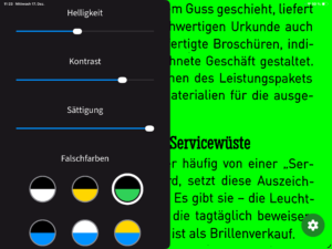 Das Bild zeigt einen Menüteil der steller MyVision App - Hier können Einstellungen z.B. zur Helligkeit, Kontrast, etc. eingestellt werden